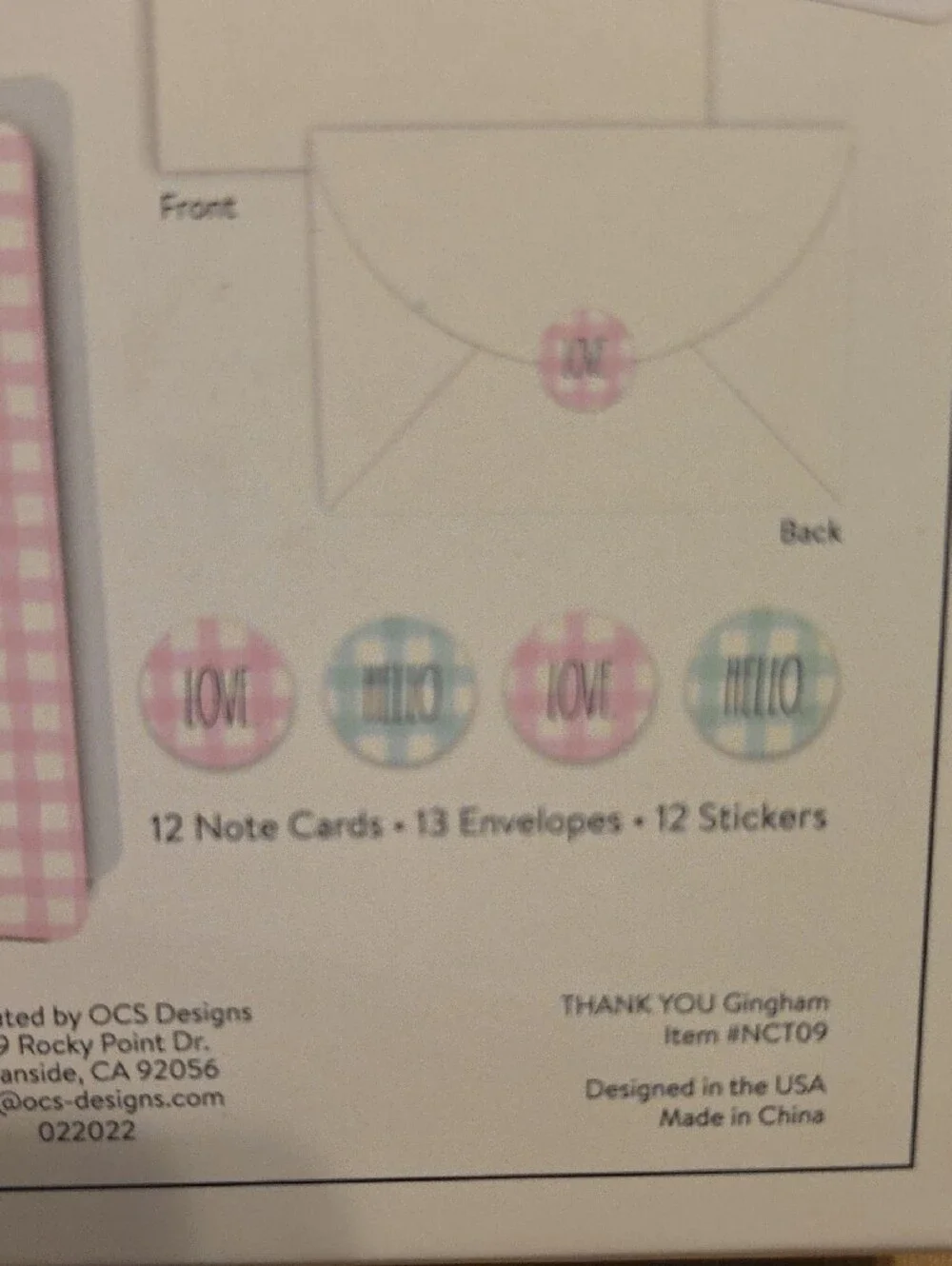 Rae Dunn Note Card Set Pink/ Blue Gingham- Set Of 12